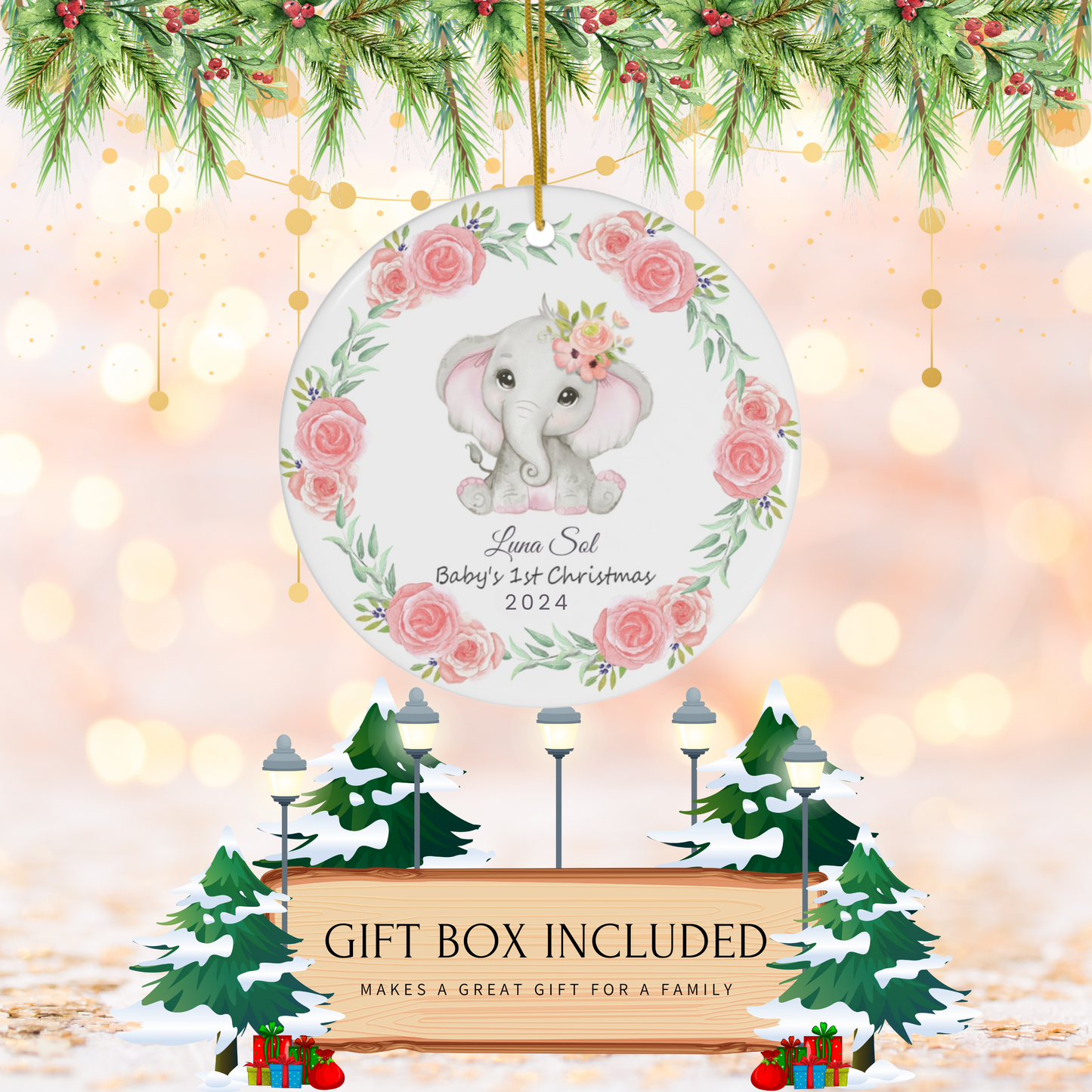 Baby First Christmas Pink Elephant Baby Girl Ornament 2024