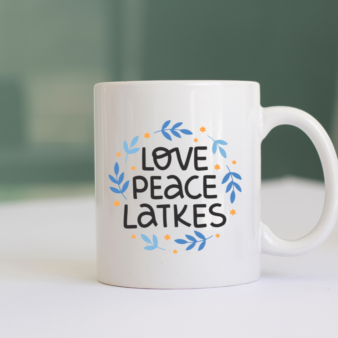 Love, Peace, and Latkes Mug – A Hanukkah Essential!