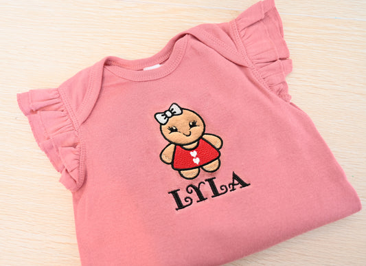 Personalized Holiday Gingerbread Girl Ruffled Onesie with Name