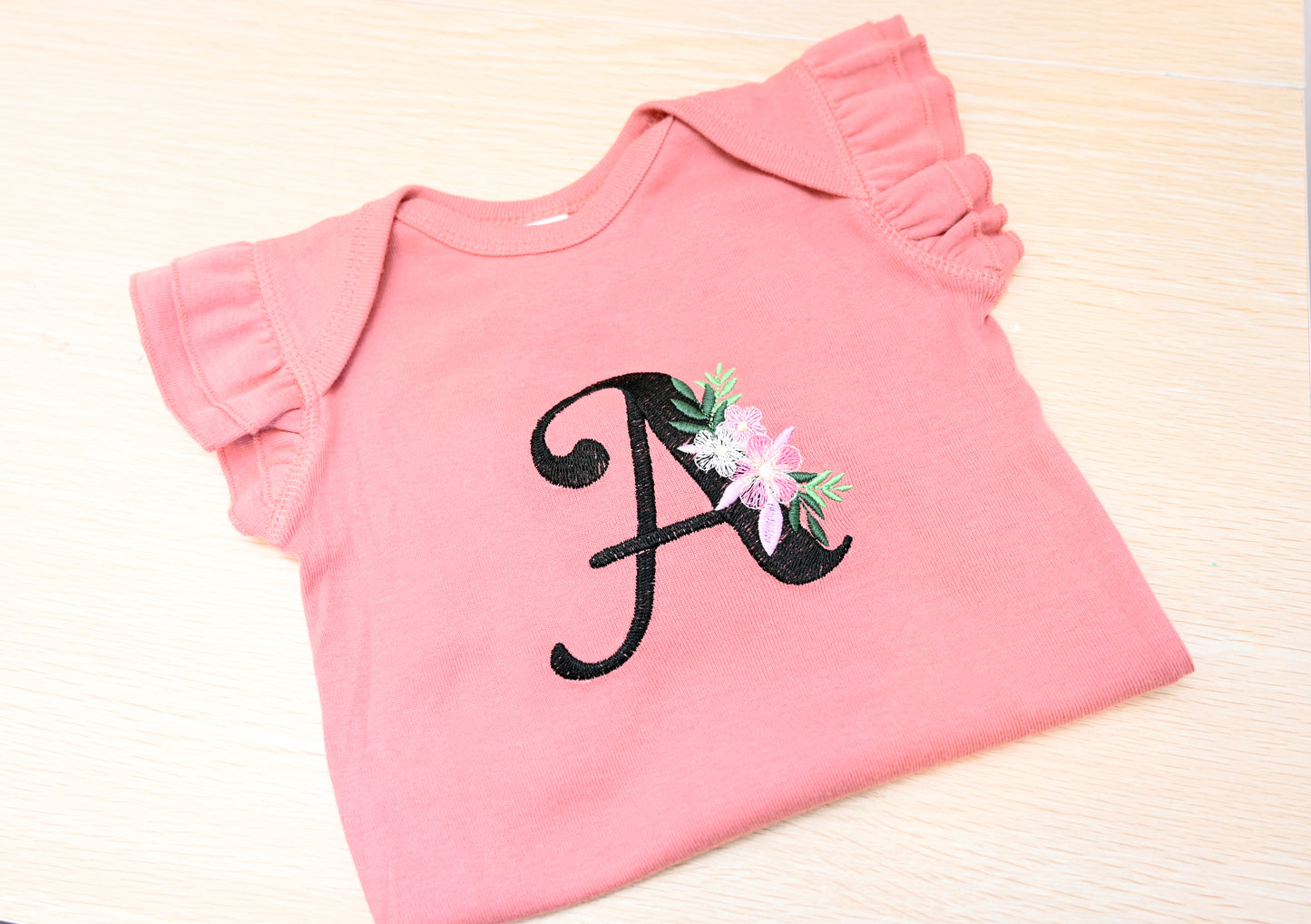 Personalized Floral Monogram Ruffled Onesie for Girls