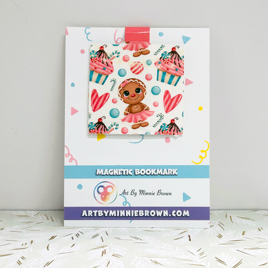 Gingerbread Girl Magnetic Bookmark with Cupcakes & Pink Hearts