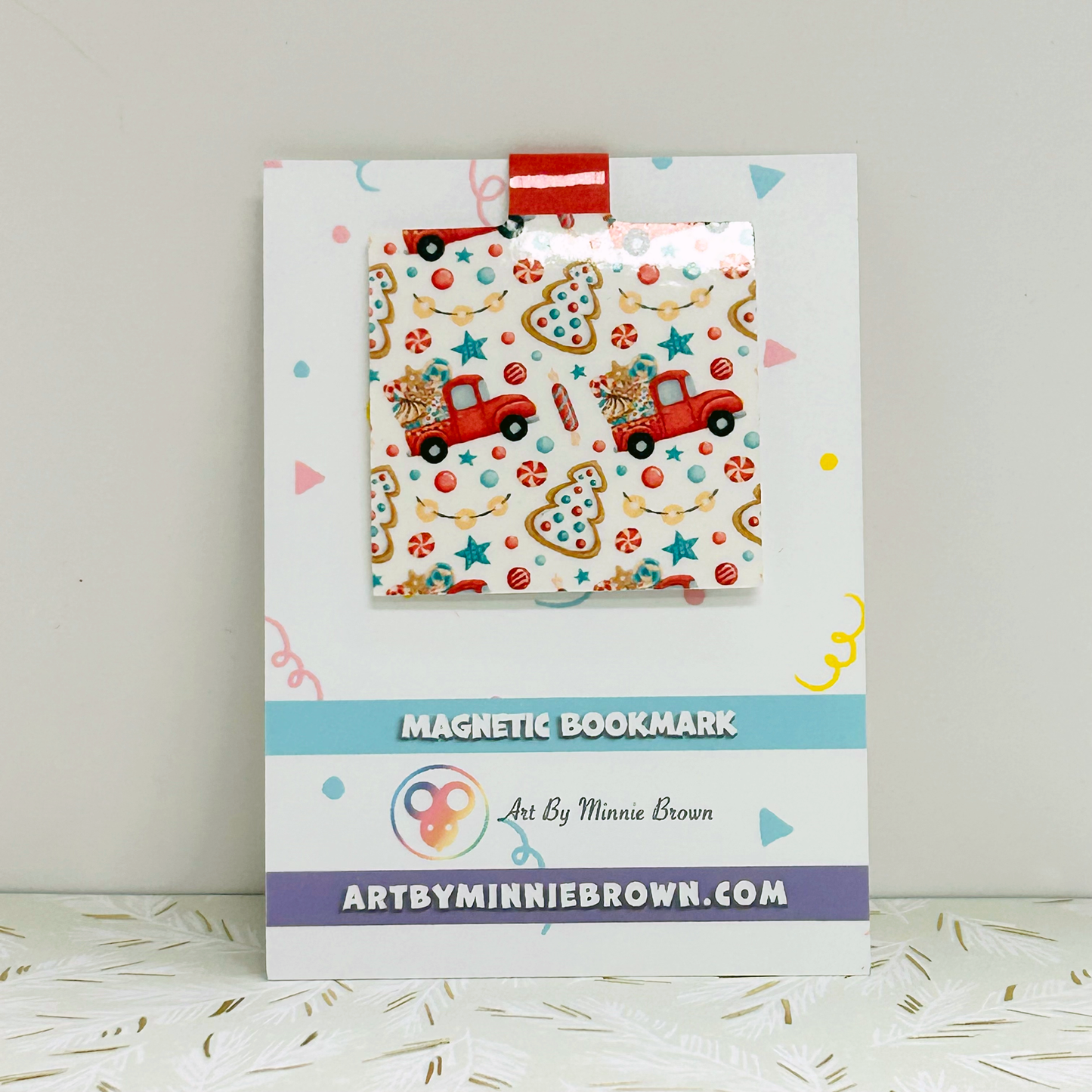 Christmas Red Truck Magnetic Bookmark with Lights & Tree Cookies