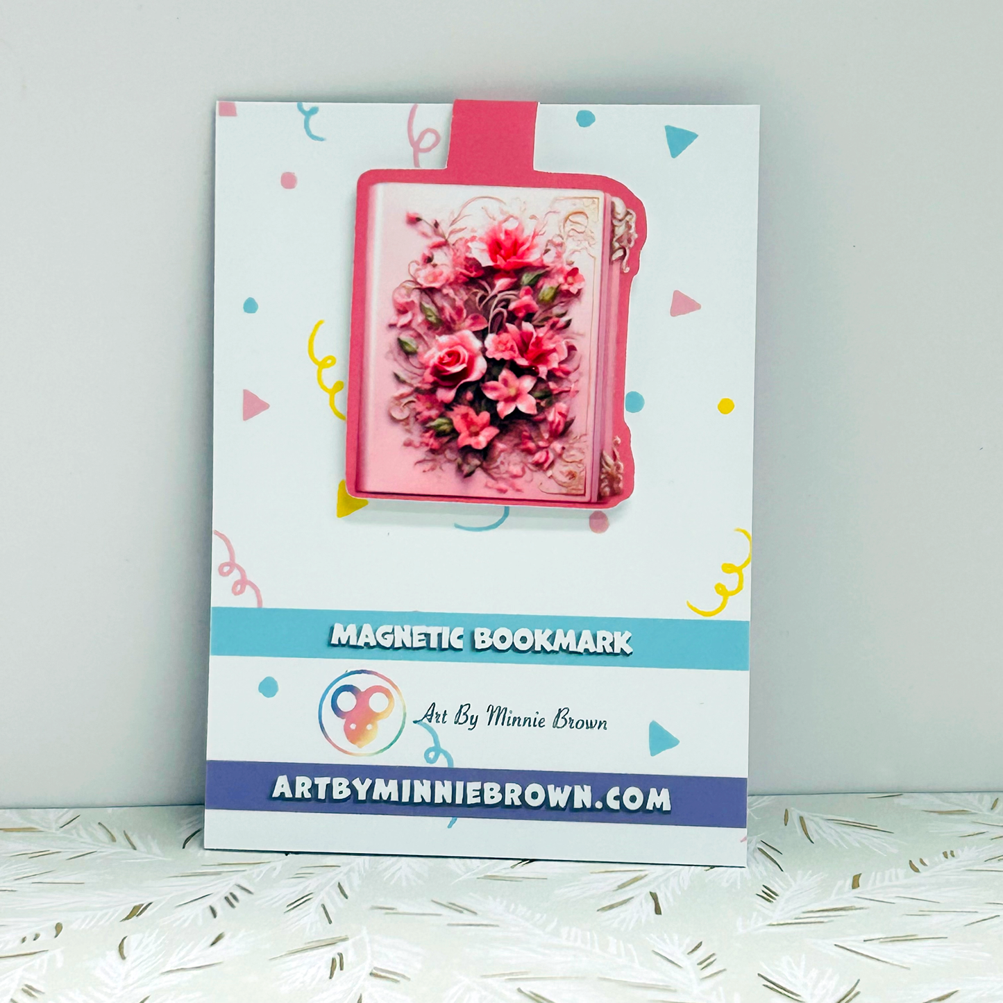 Vintage Book Magnetic Bookmark with Hot Pink Flowers