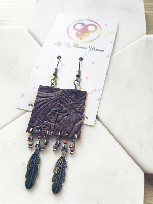 Leather Feather Dangle Earrings
