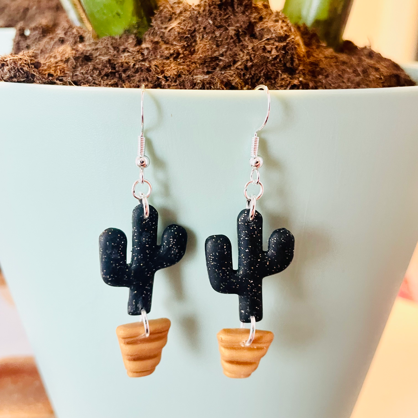 Black Cactus Plant Bold Statement Earrings