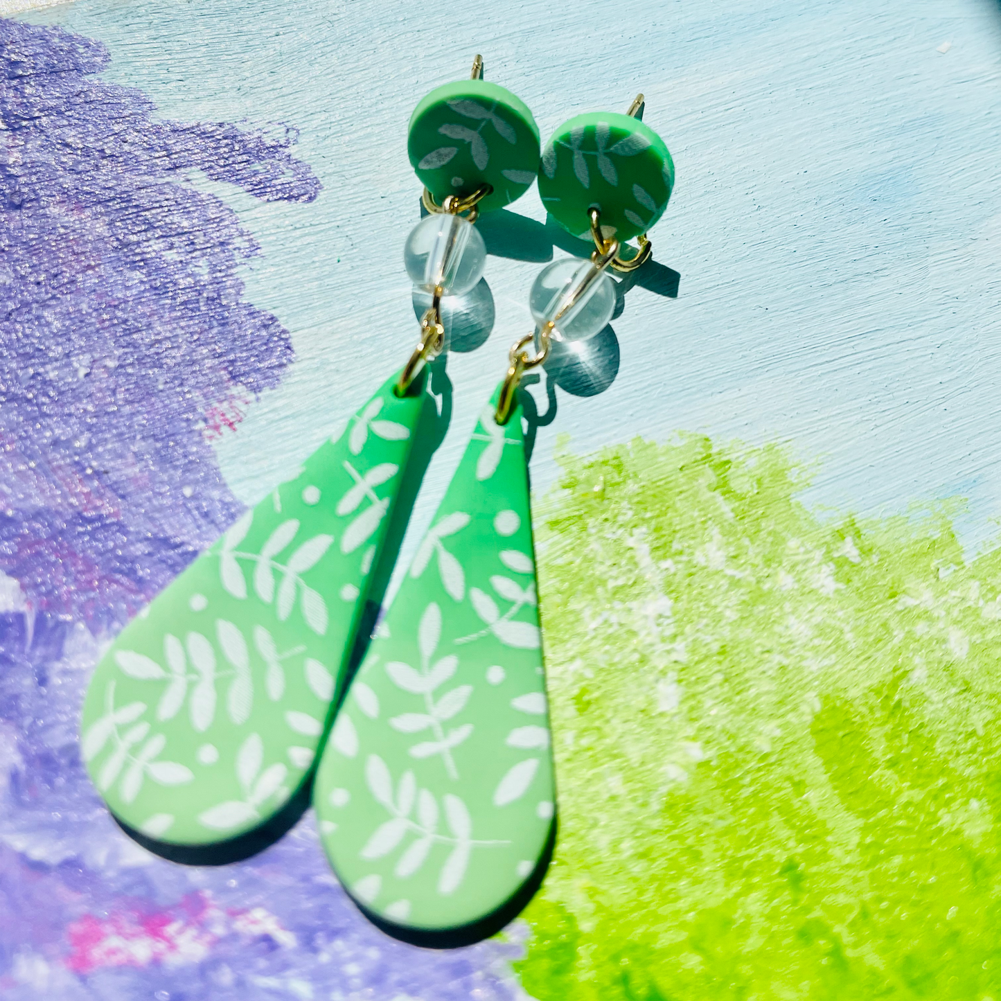 Green Teardrop Leaves Dangle Earrings