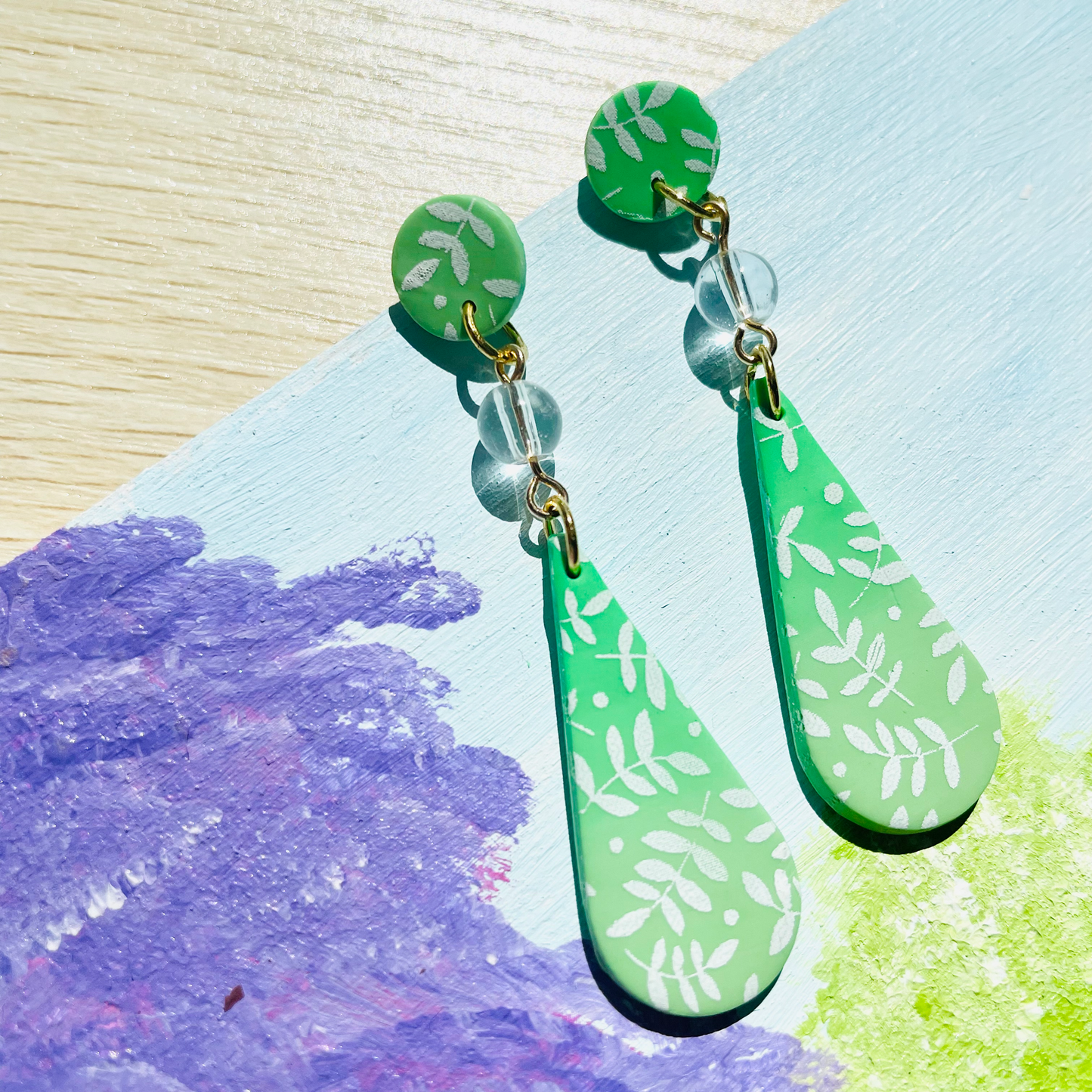 Green Teardrop Leaves Dangle Earrings