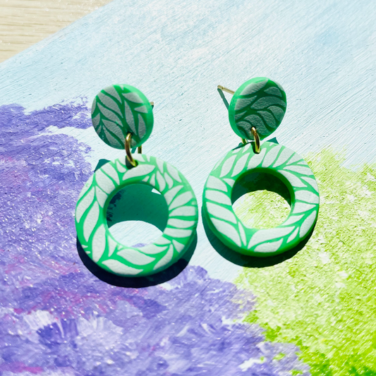 Green Circles Leaves Dangle Earrings