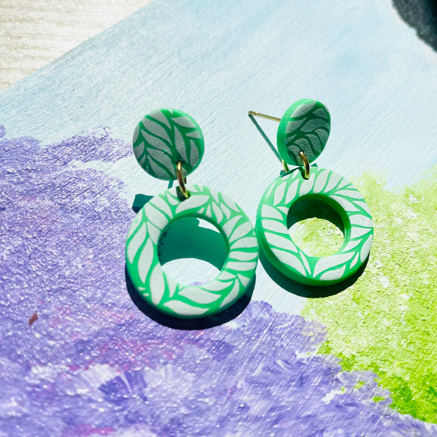Green Circles Leaves Dangle Earrings