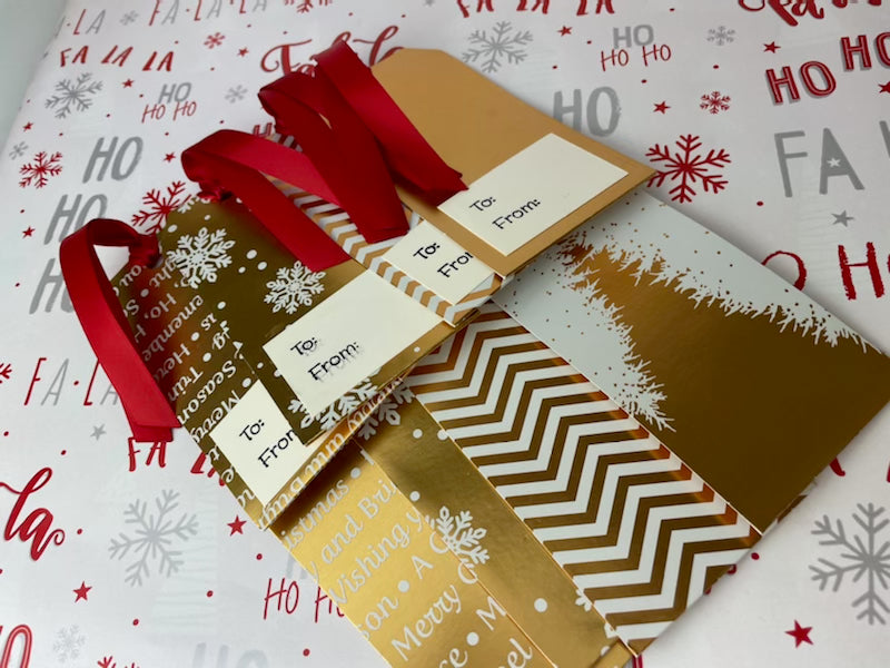 Gold Gift Tags with Red Ribbon - Set of 6