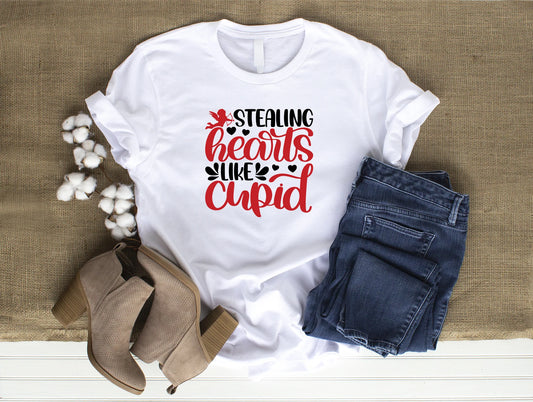 Stealing Hearts Like Cupid Cute Comfy Valentine's Day White T-Shirt Medium