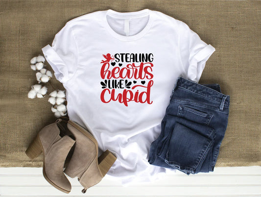 Stealing Hearts Like Cupid Cute Comfy Valentine's Day White T-Shirt 2XL