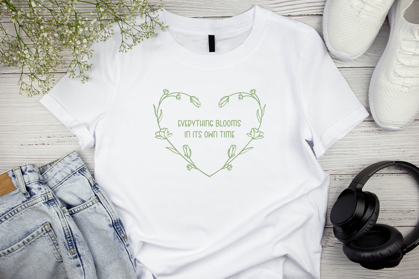 Everything Blooms In Its Own Time Sage T-Shirt