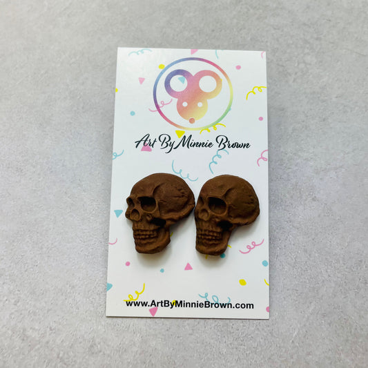 XXL Dark Brown Stud Skull Earrings - Perfect for Halloween!